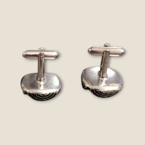 Vintage Silver Tone Cuff Links With Blue Cabochon Center & Textured Rope Detaili - Picture 6 of 7